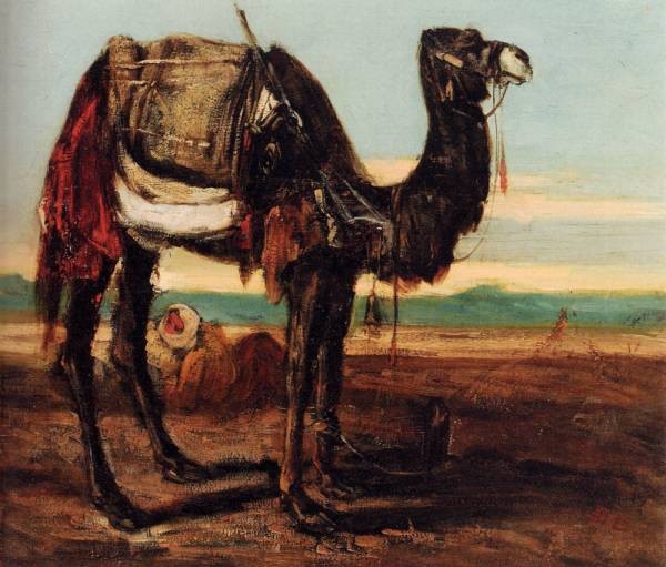 A Bedouin And A Camel Resting In A Desert Landscape